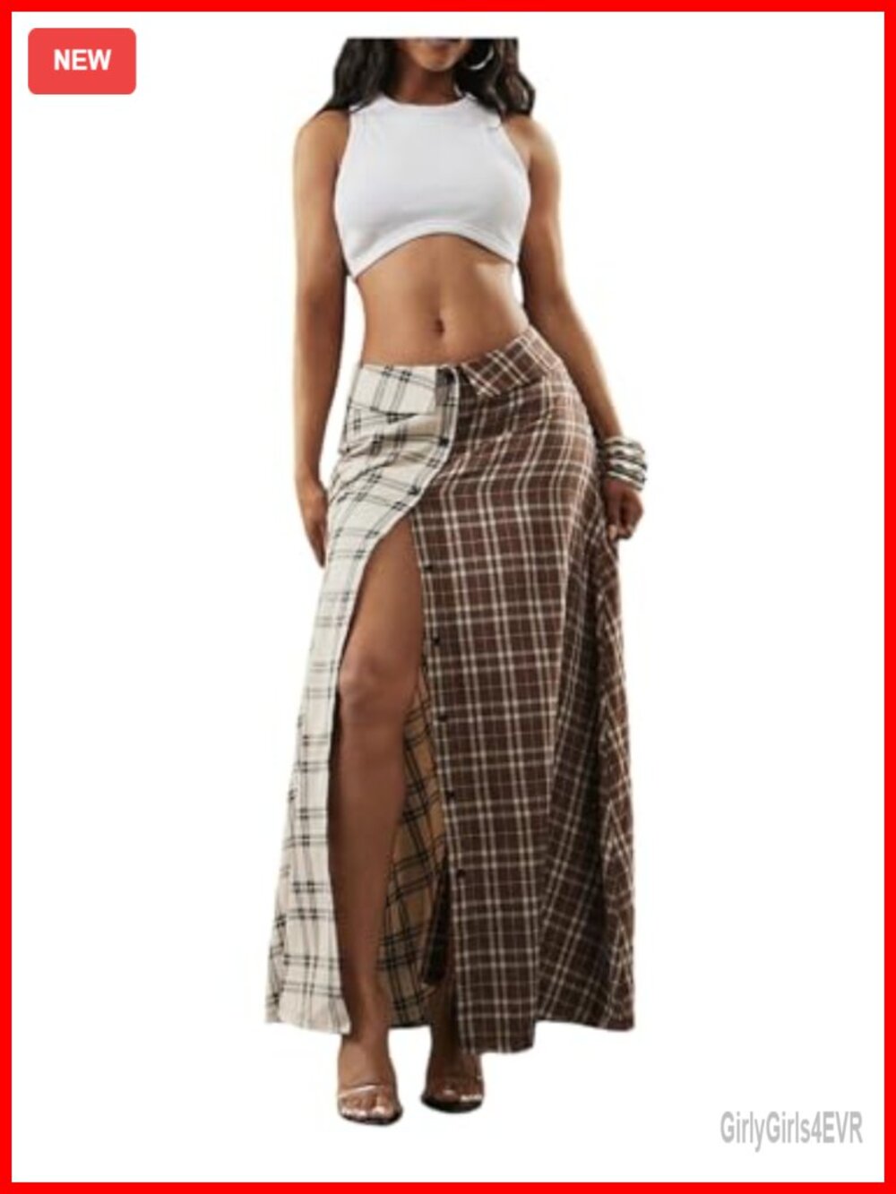 Gingham Plaid Maxi Skirt Foldover Button Down Low Rise A-Line Western
